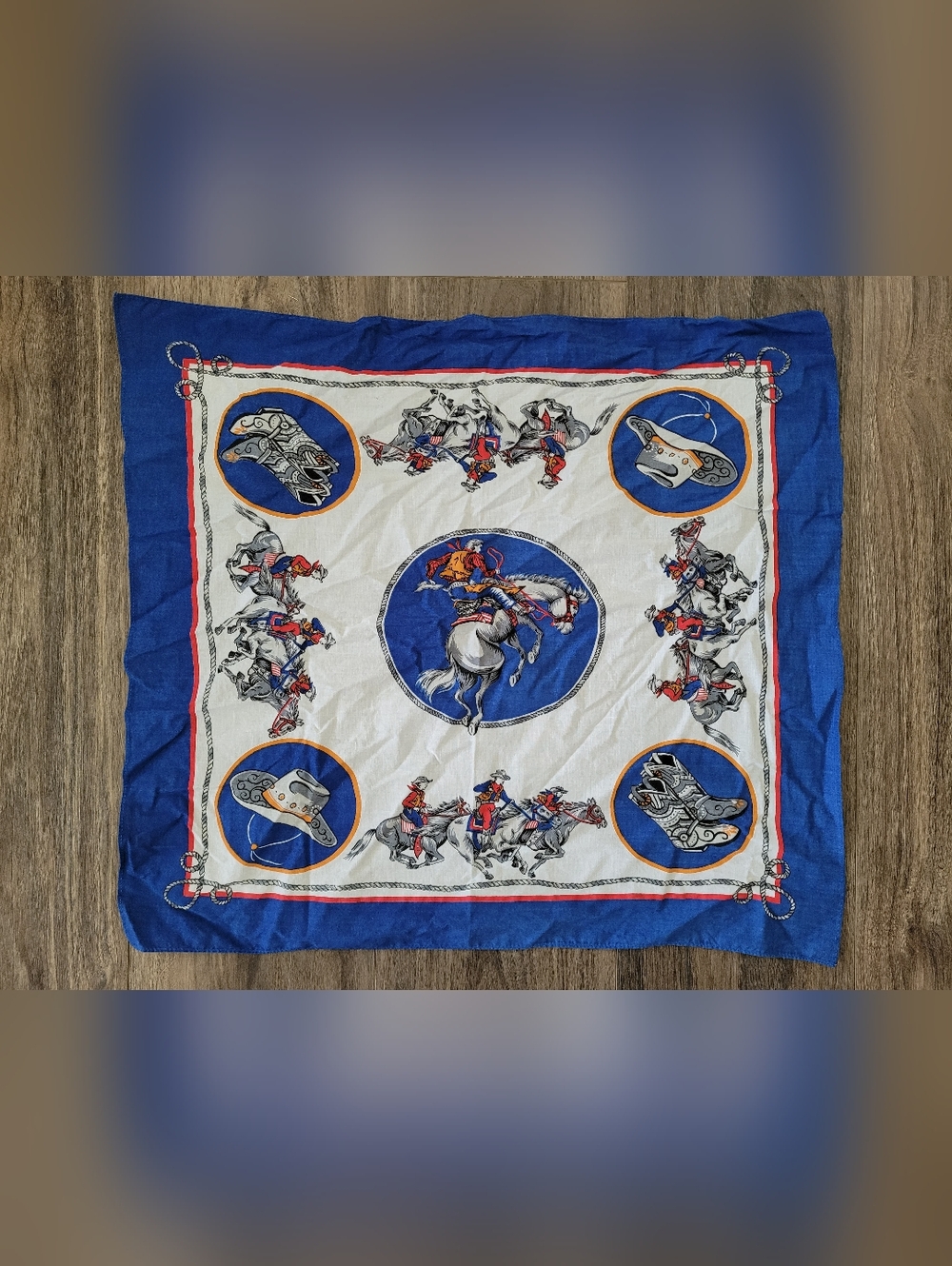 Equestrian Print Pocket Square in Blue and White